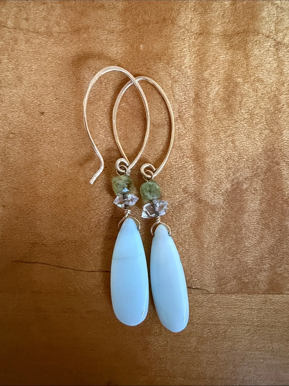 Handmade Gold-Tone Earrings with White Teardrop and Green Accent Beads